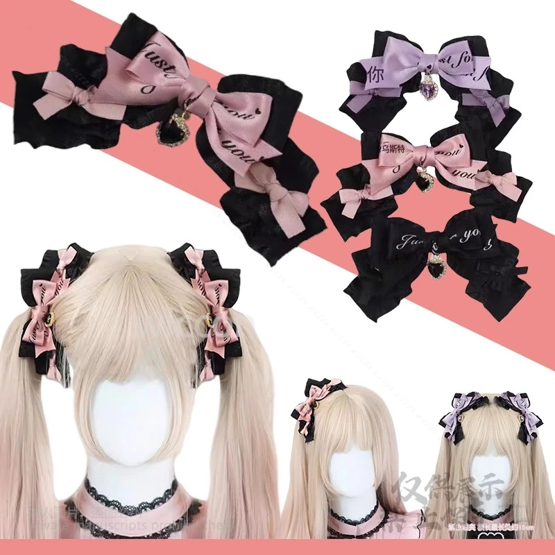 Y2K Jirai Kei لوليتا اليابانية اكسسوارات أسود وردي القوس مشبك شعر الحلو لوليتا اليدوية الدعامة الإناث أغطية الرأس تأثيري حلي