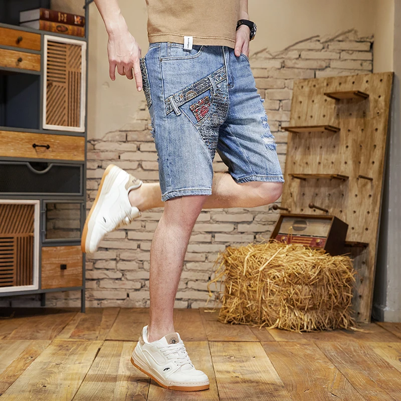 

JDK67 High-grade broken holes patches loose casual versatile denim shorts tide collision colour splicing embroidery