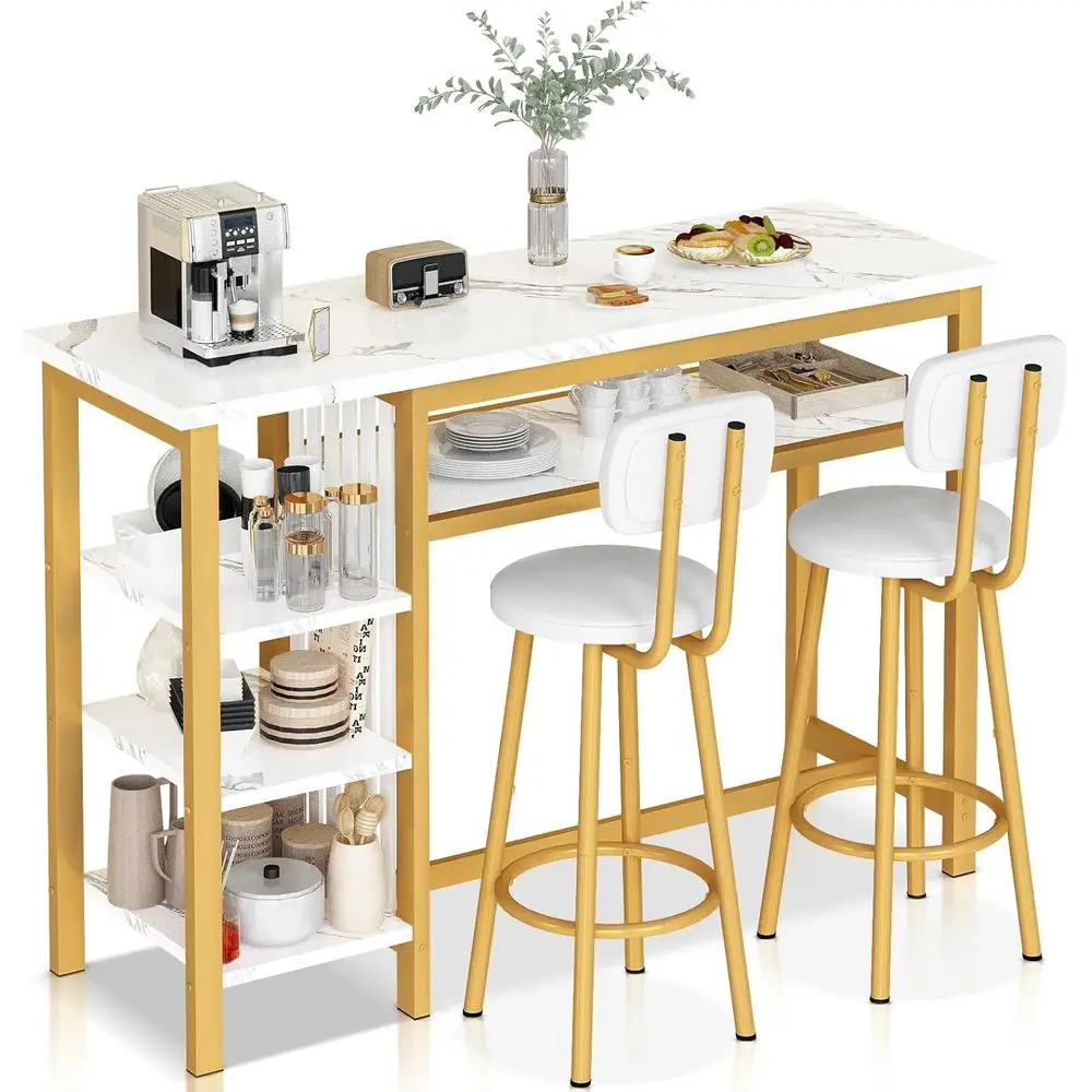 

Bar Height Kitchen Table and Chairs Set, 5-Tier Dining Room Table with White Marble Top and 2 Leather Seats, Elegant Dining Set