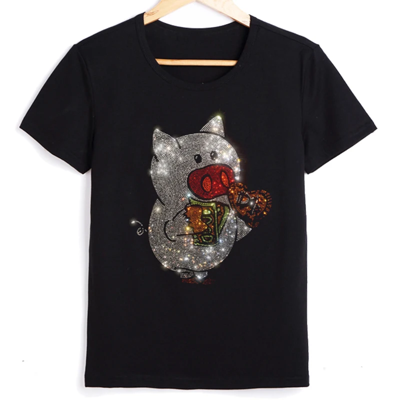 2022 Summer Clothes For Women Cute Cartoon Pig Pattern Diamond Top Female Short Sleeve T-shirts For Women High Quality Tops