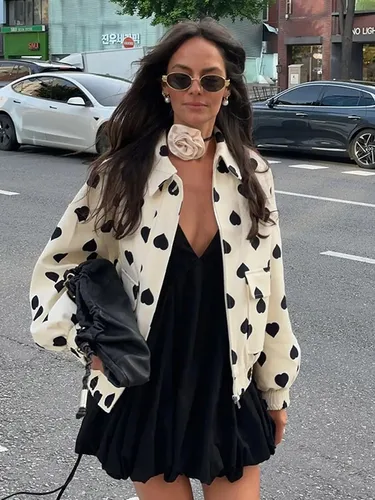 Imagen 2 del producto Abrigo corto de lunares para mujer, chaquetas de calle holgadas a la moda, prendas de vestir exteriores informales con bolsillos y cremallera, abrigos elegantes con cuello de solapa para mujer 2025