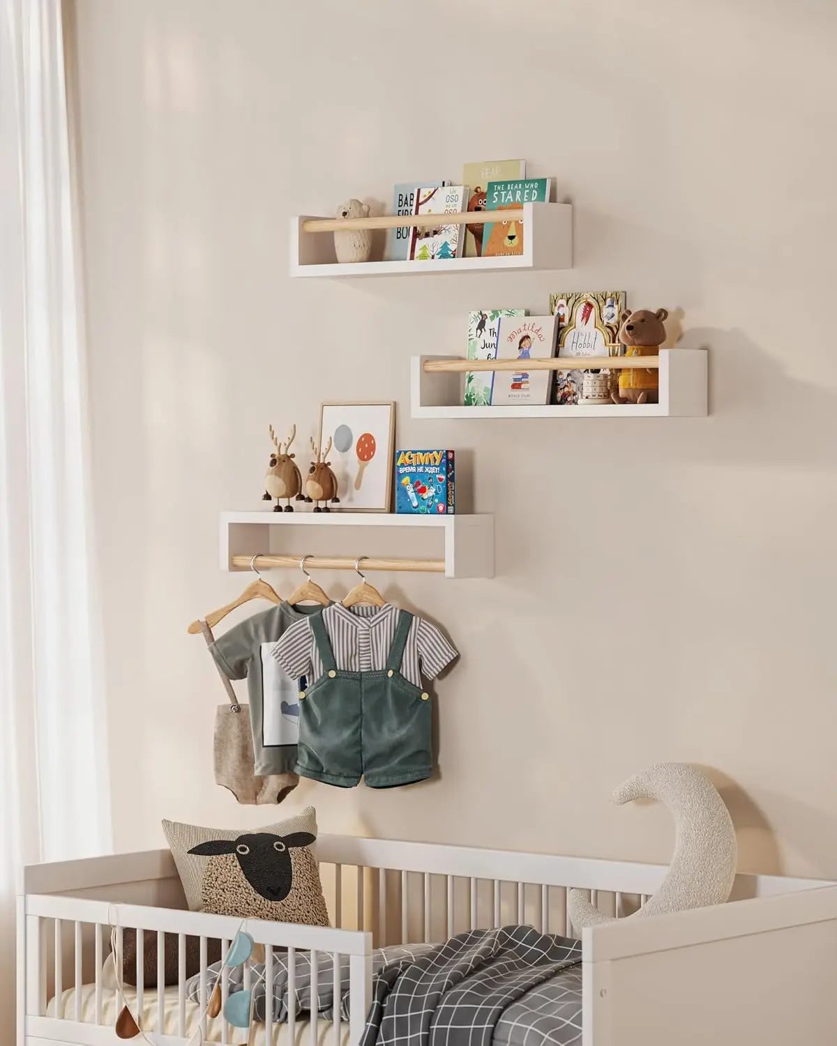 Set of 3 floating nursery book shelves, wall‑mounted kids bookshelf for bedroom, book display and decor for baby, toddler and kids room spaces.