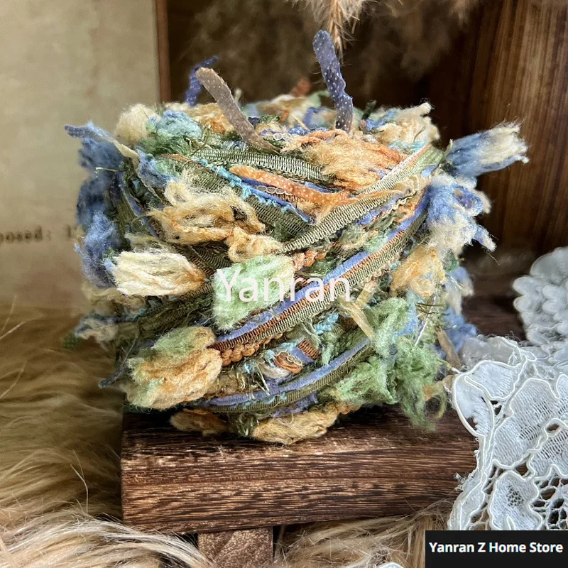 100g Vintage Blue Green Yarn Segment-dyed Colorful Large Horse Tail Matched with Wire Crocheted Woven Wool for Craft Enthusiasts