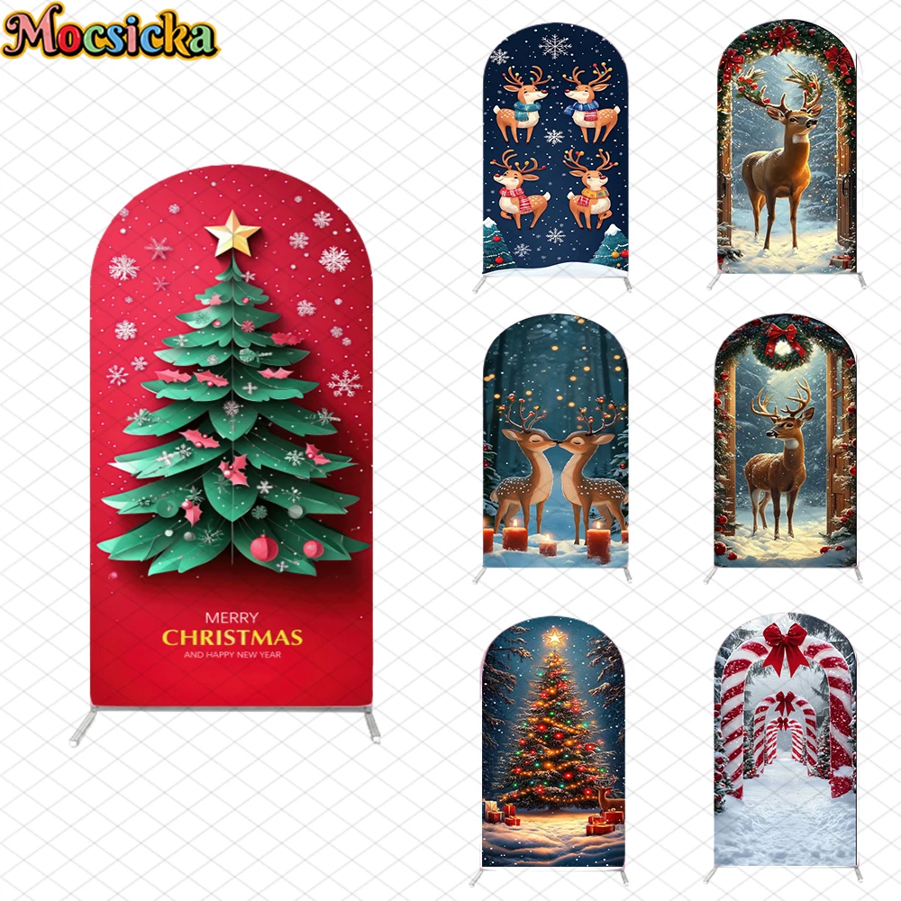 

Mocsicka Christmas Arch Backdrop Cover Winter Snow Tree Deer Decoration Children Birthday Family Holiday Party Arched Background