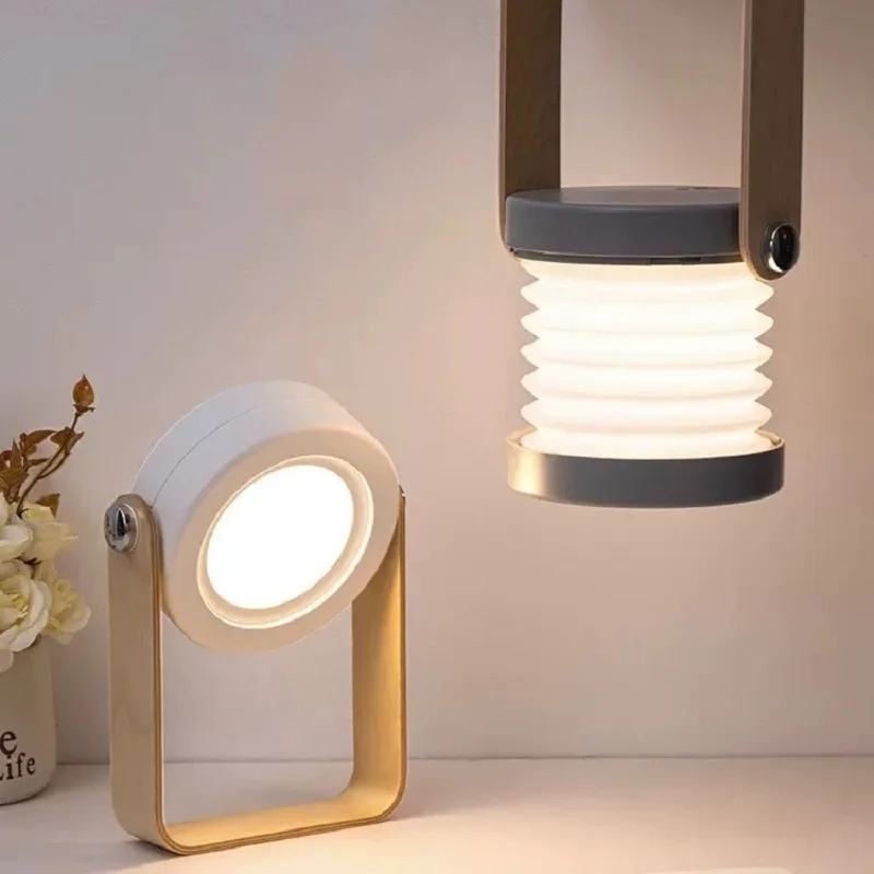 Nieuwe Led Nachtlampje Houten Handvat Opvouwbare Draagbare Lantaarn Nachtlampje Telescopisch Opvouwbaar Rond Usb Oplaadbaar Nachtlampje