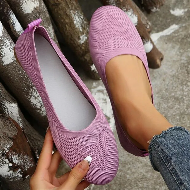 Ladies flat shoes solid breathable knitted round head flat tennis shoes, suitable for women wearing in summer