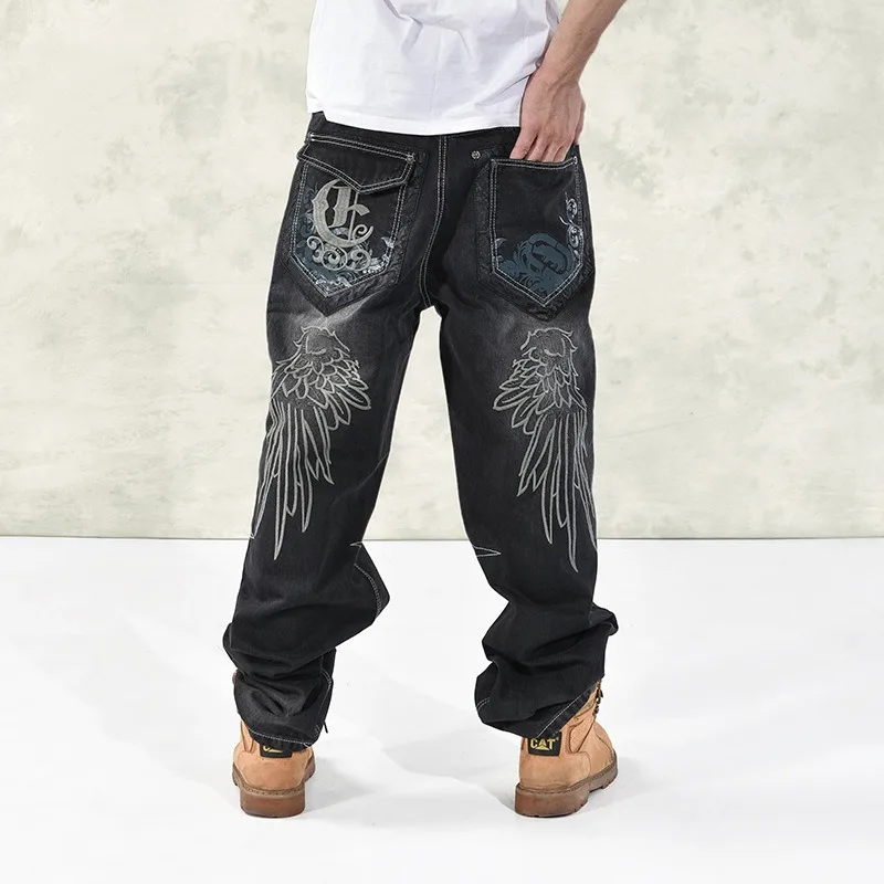 New Embroidered Jeans Loose High Street Hip Hop Skateboarding Pants Men's Motorcycle Floor Dragging Long Pants