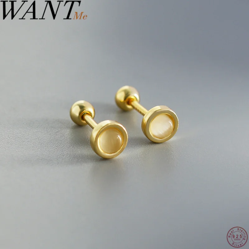 

WANTME 925 Sterling Silver Luxury Round Opal Screw Bead Stud Earrings for Women Fashion Ear Bone Piercing Jewelry Accessories