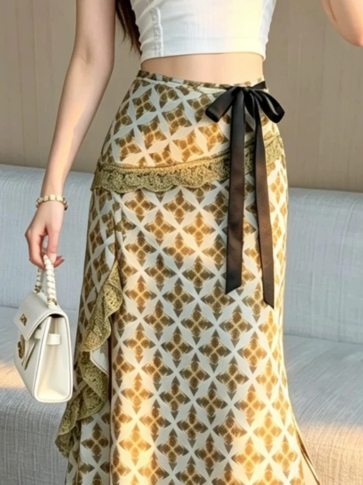 

Skirt Lace Lattice Summer Lightweight Designer Tie High Waist Long Draping Slit A Line Hip Hugging New Ultra Trendy Dress