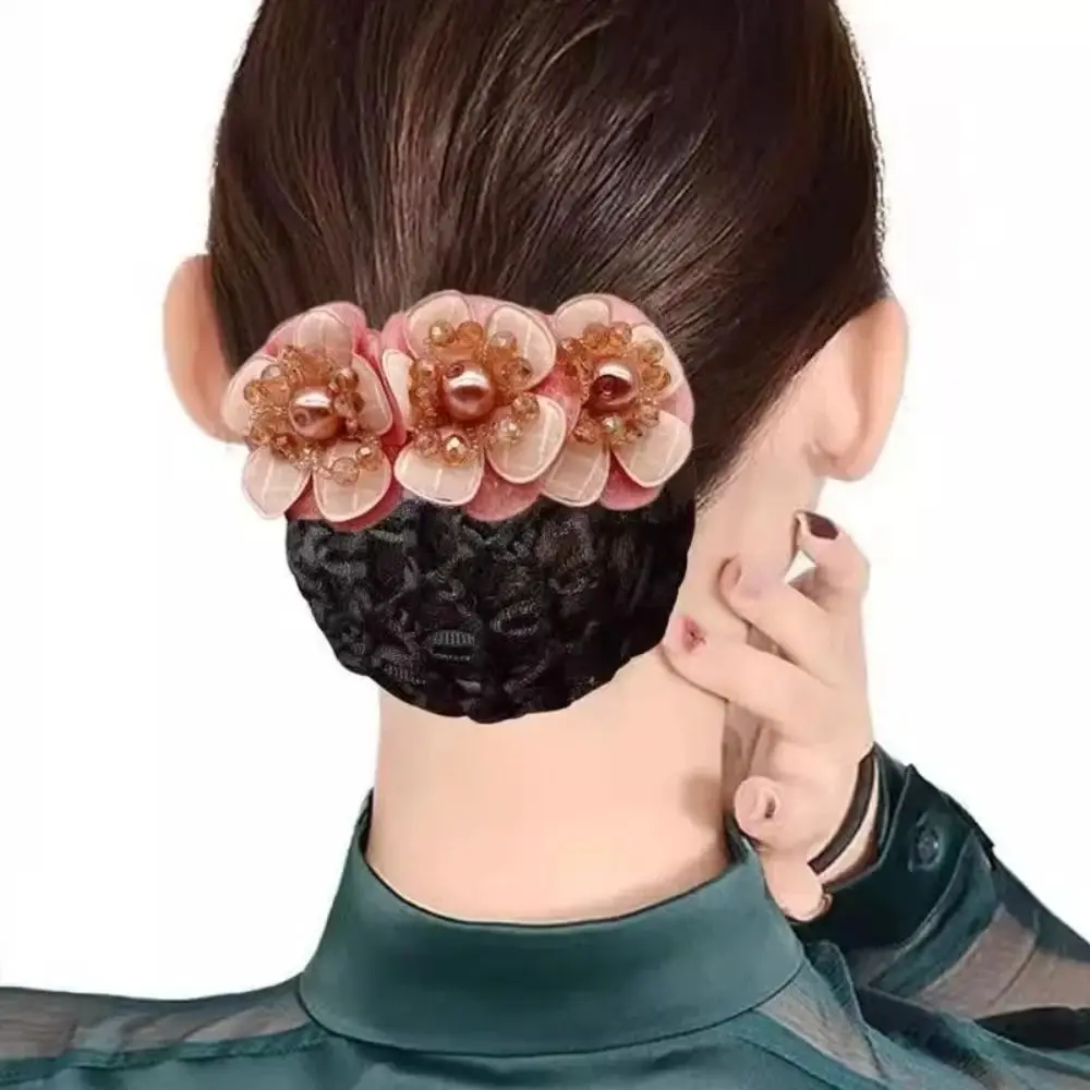 Cloth Hair Bun Net Korean Style Pearl Flower Decor Spring Hair Clip Elastic Hair Net Spring Clamp Hair Bun Holder Daily