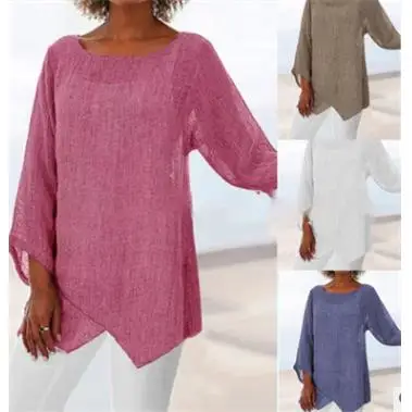 

Хлопково-льняной женский топ в уличном стиле, с длинным рукавом, не деформируется, однотонный, с вставками из полиэстера, весна-лето