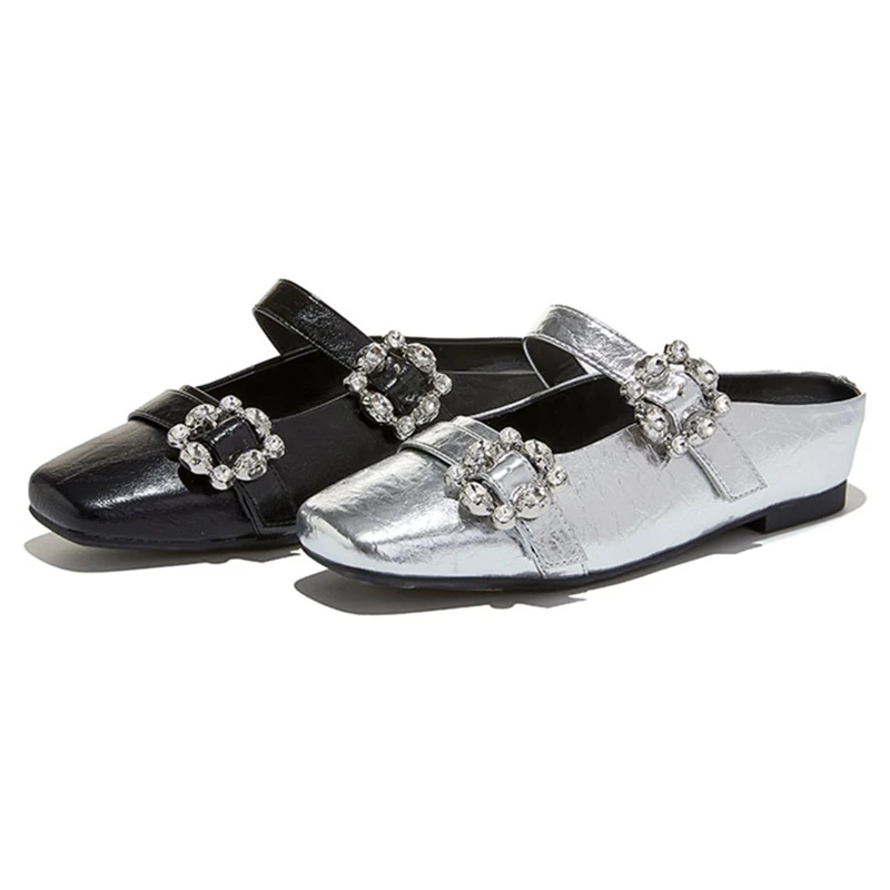 

2026 New Style Closed-Toe Women's Half-Slippers Non-Slip Square-Toe Mary Jane Shoes Women Plus Size Rhinestone female Shoes