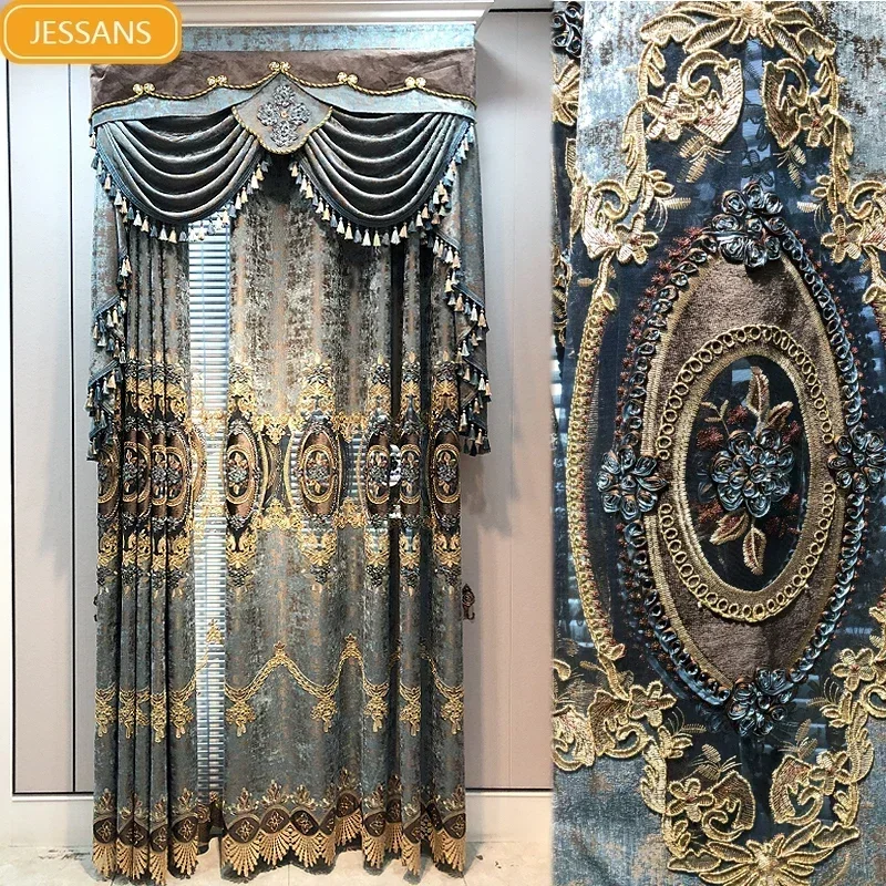 European Grey Blue Relief Embroidery Window Screen Jacquard Chenille Thickened Curtains for Living Room Bedroom French Window