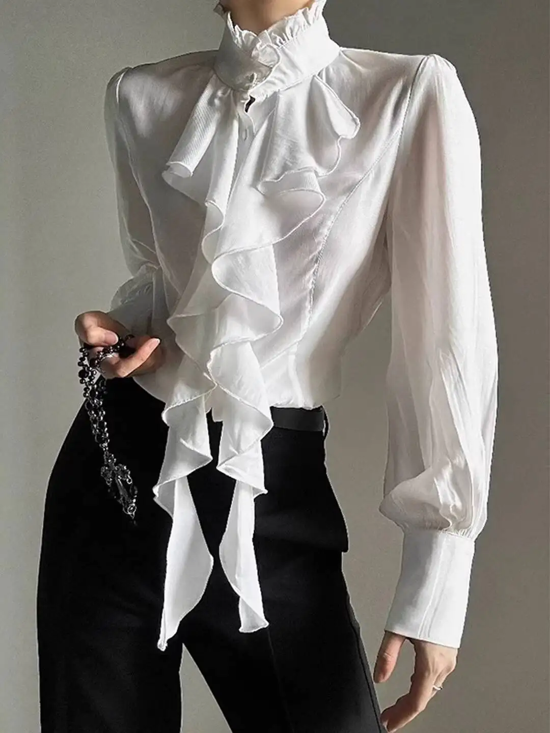 

Women Blouse 2026 Spring Autumn Dark French Vintage Palace Style Stand Collar Ruffle Long Sleeve Shirt Neutral Ribbon Blouse