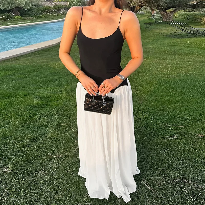 Tornova Fashion Splice Spaghetti Strap Long Dress For Women Contrast Backless Sexy Dress A-line High Waist Female Party Clothes