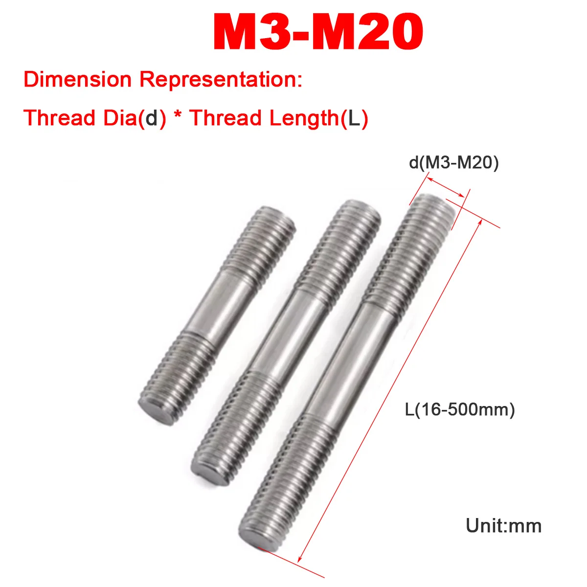 M3M4M5 304 Stainless Steel Double Head Threaded Rod / Bolt
