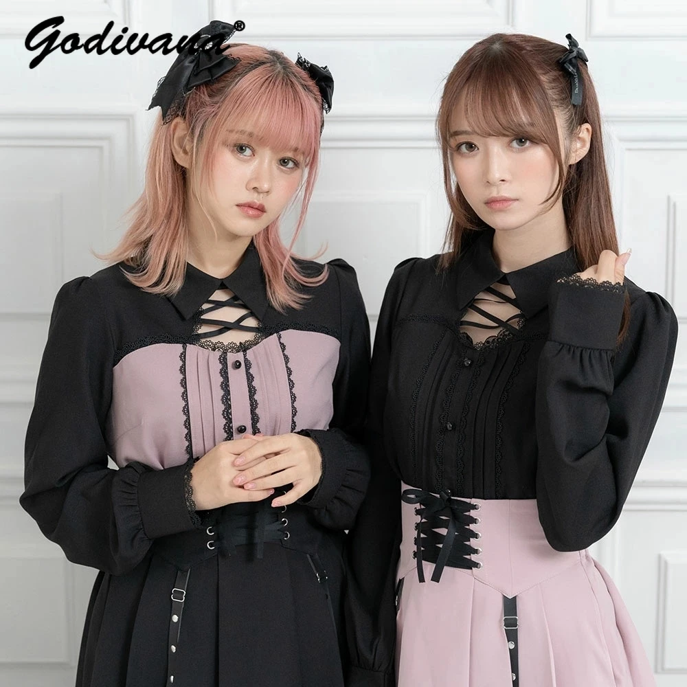 

Lolita Lace Long-Sleeved Shirt Mine Series Mass Production Spring and Autumn Ladies Blouse Sweet Cross Lapel Slim Blusas