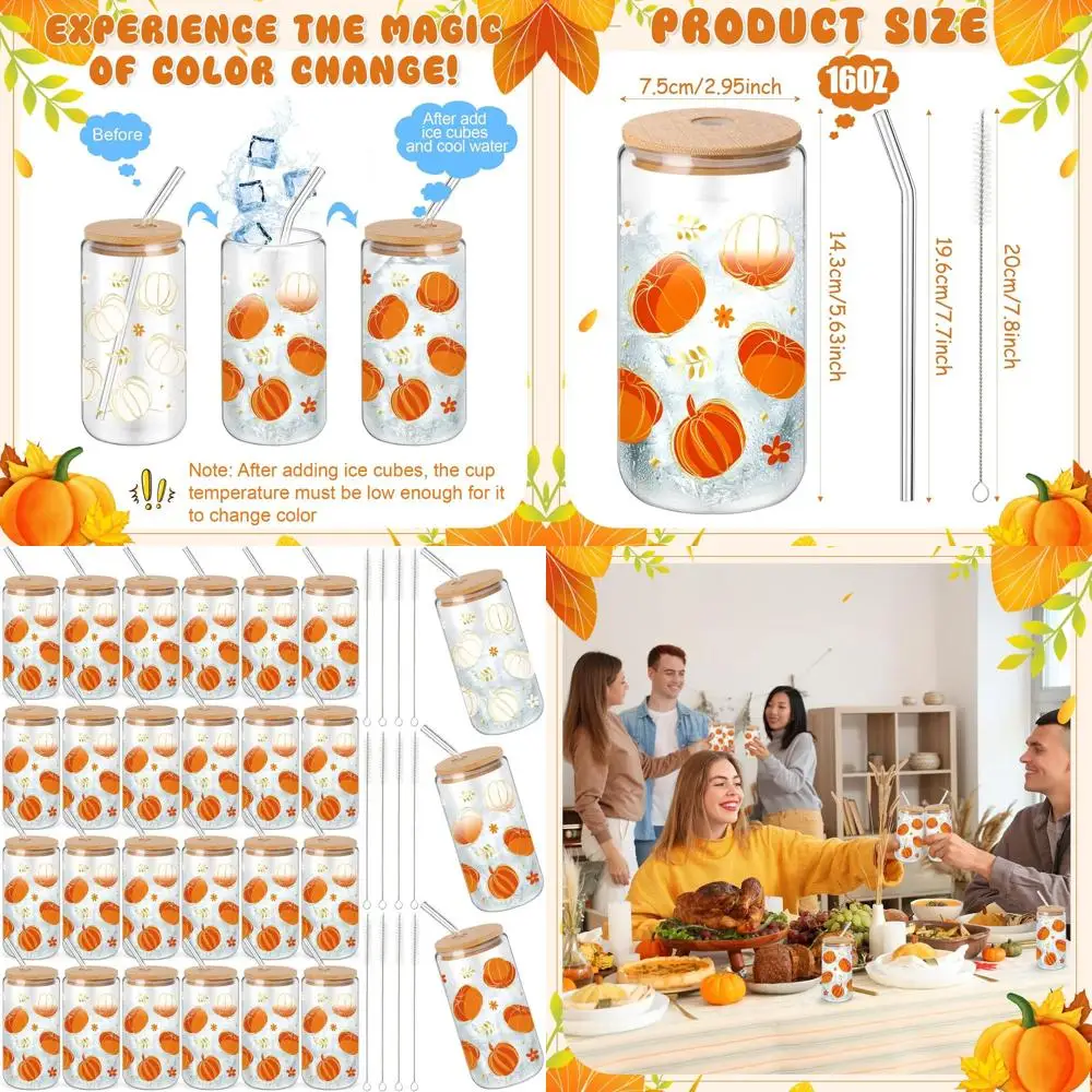 

Set of 24 16oz Thanksgiving Pumpkin Tumblers with Lids, Straws & Brushes - Color-Changing Fall Cups for Autumn Parties