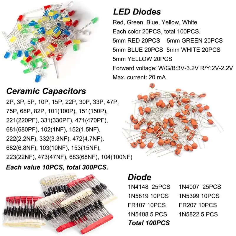 New 1400PCS Basic Electronic Components Kits Metal Film Resistor Assortment Led Diodes Electrolytic Capacitor Ceramic Set DIY