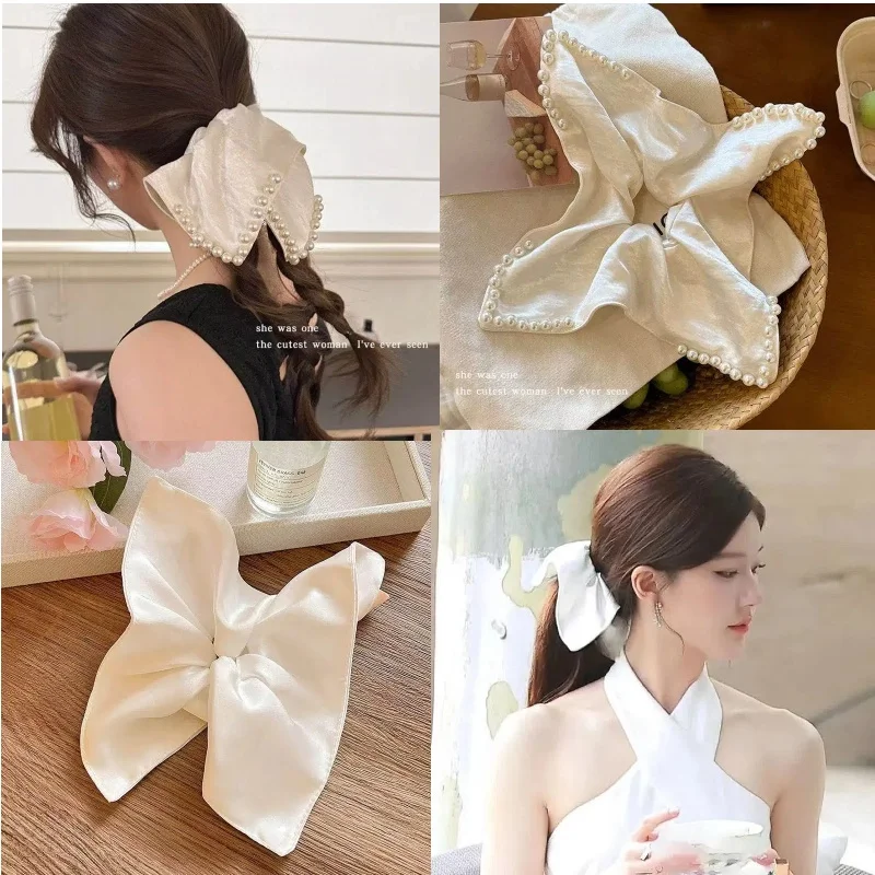 Écharpes carrées en satin blanc crème ornées de perles |   Élastiques à cheveux élégants pour femmes, accessoires pour chignon et queue de cheval