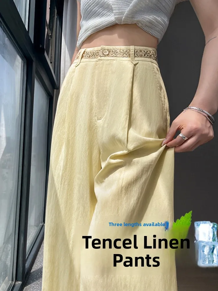 Pantalon léger en coton et lin pour femmes, jambes larges, ample, drapé, coréen, taille haute, coupe droite, été