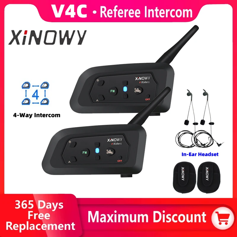 XiNOWy V4C In-Ear Referee Headset Bluetooth Intercom Full Duplex 1200M Football Soccer Interphone with FM Radio IPX5 Waterproof