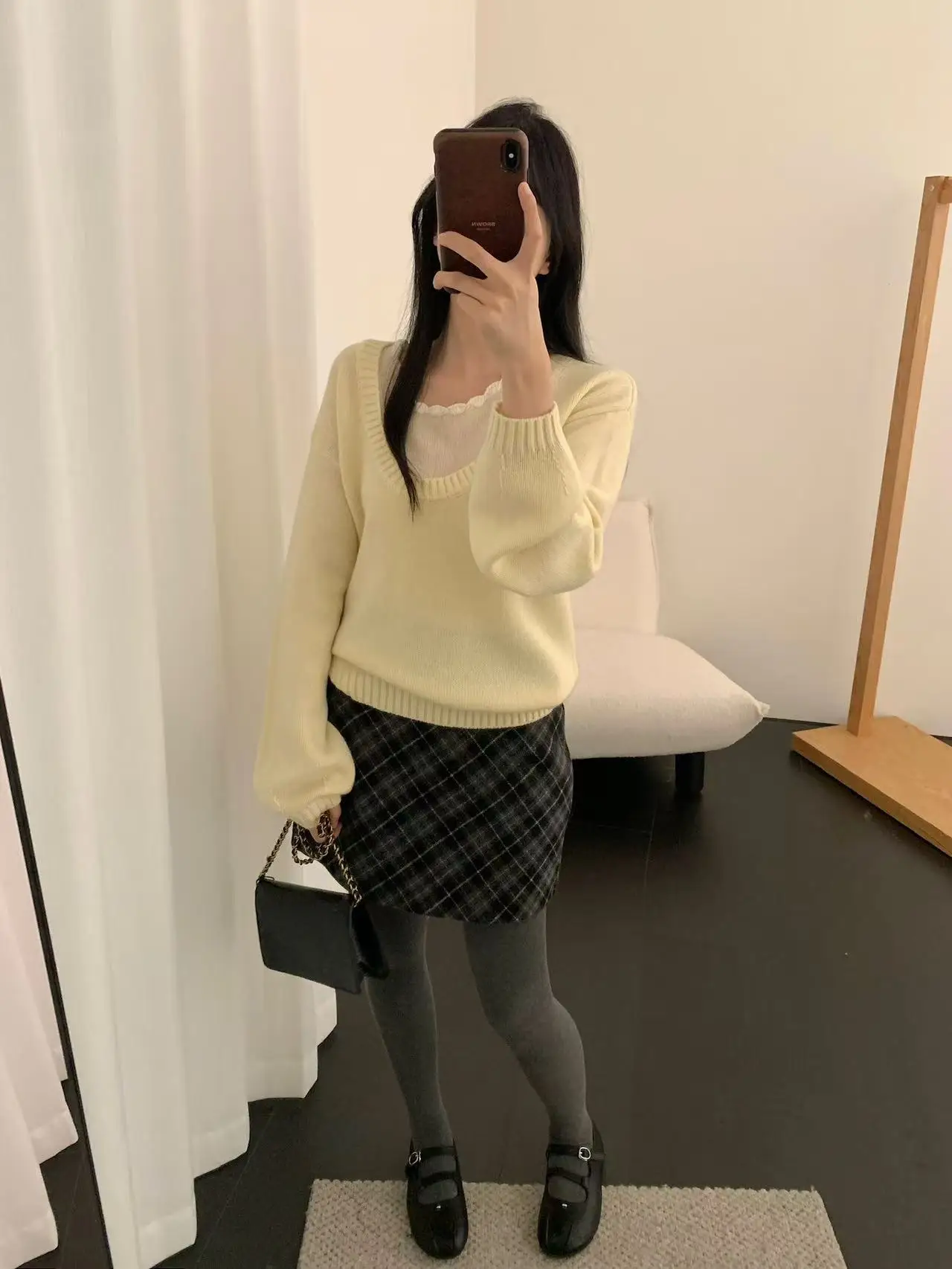 

Ladies Loose U-Ne Sweater Autumn Winter Faion Lace Trim Lazy Sle Fake Two-Piece Design Warm Thi Long Sve Knitted Top