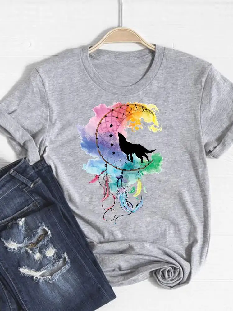 Print T Shirt Short Sleeve Summer Top Fashion Clothes Women Watercolor Sweet Trend Clothing Gray Basic Tee Graphic T-shirt