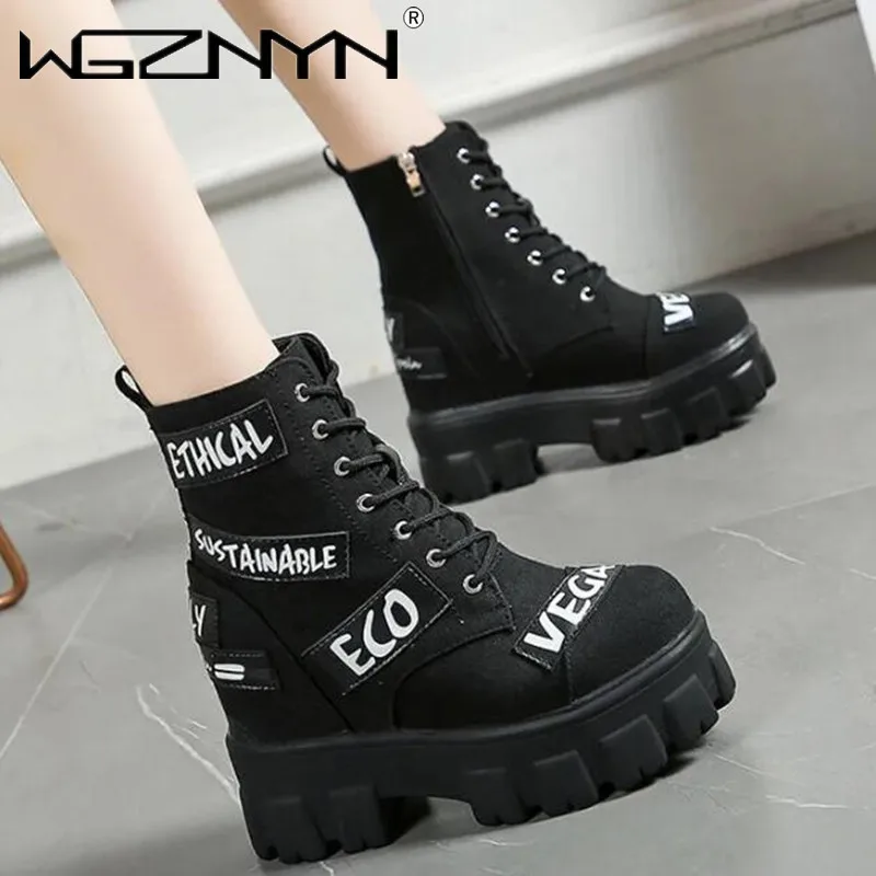 NEW Autumn Women Thick Sole Ankle Boot Luxury Platform Canvas Shoes Women 10cm High Heels Motorcycle Boots Woman White Sneakers