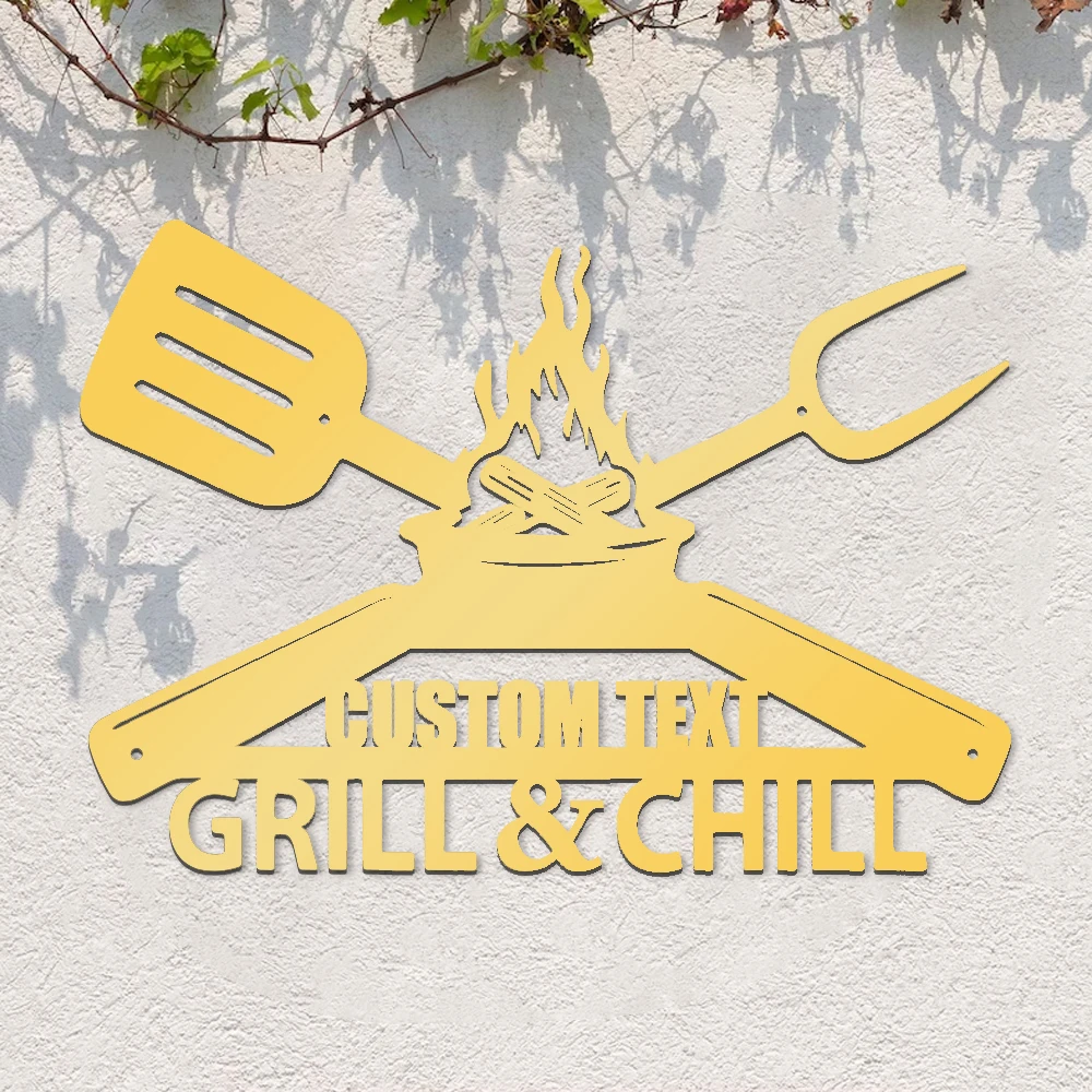 1pc Funny Grill & Chill cook tool tableware Personalized Text Iron Wall Signs Metal Wall Plaque Iron Plate Signs for kitchen