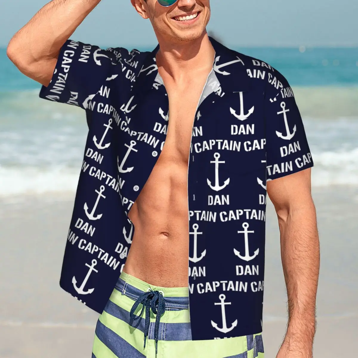

Nautical Captain Anchor Hawaiian Shirts Casual Men Short Sleeve Shirt for Summer Beach Men's Lapel Tops