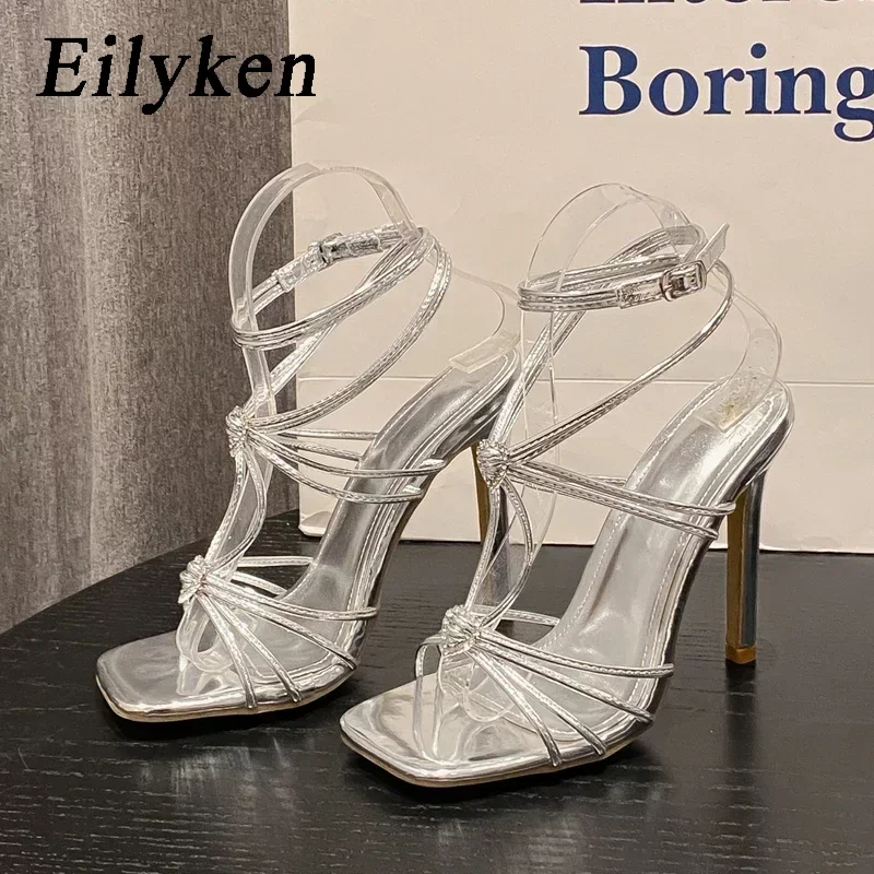 Eilyken Sexy Design fascia stretta fibbia cinturino sandali donna estate punta quadrata sottile tacchi alti scarpe spogliarellista pompe per