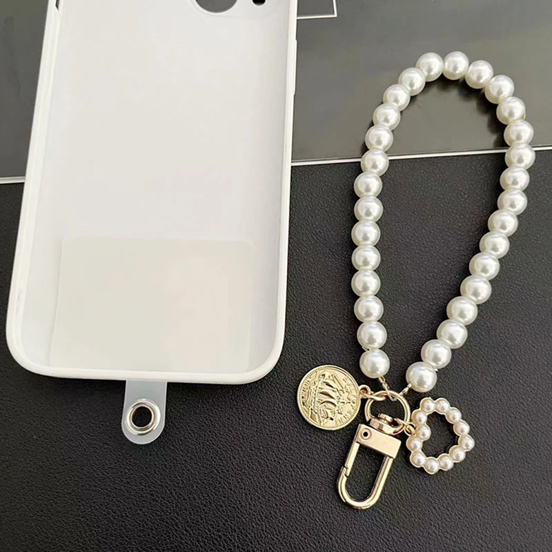 Short Pearl Lanyard Fashion Rhinestone Pendant Pendant Mobile Phone Lanyard Hand-woven Wrist Strap Back Case Anti-lost Lanyard