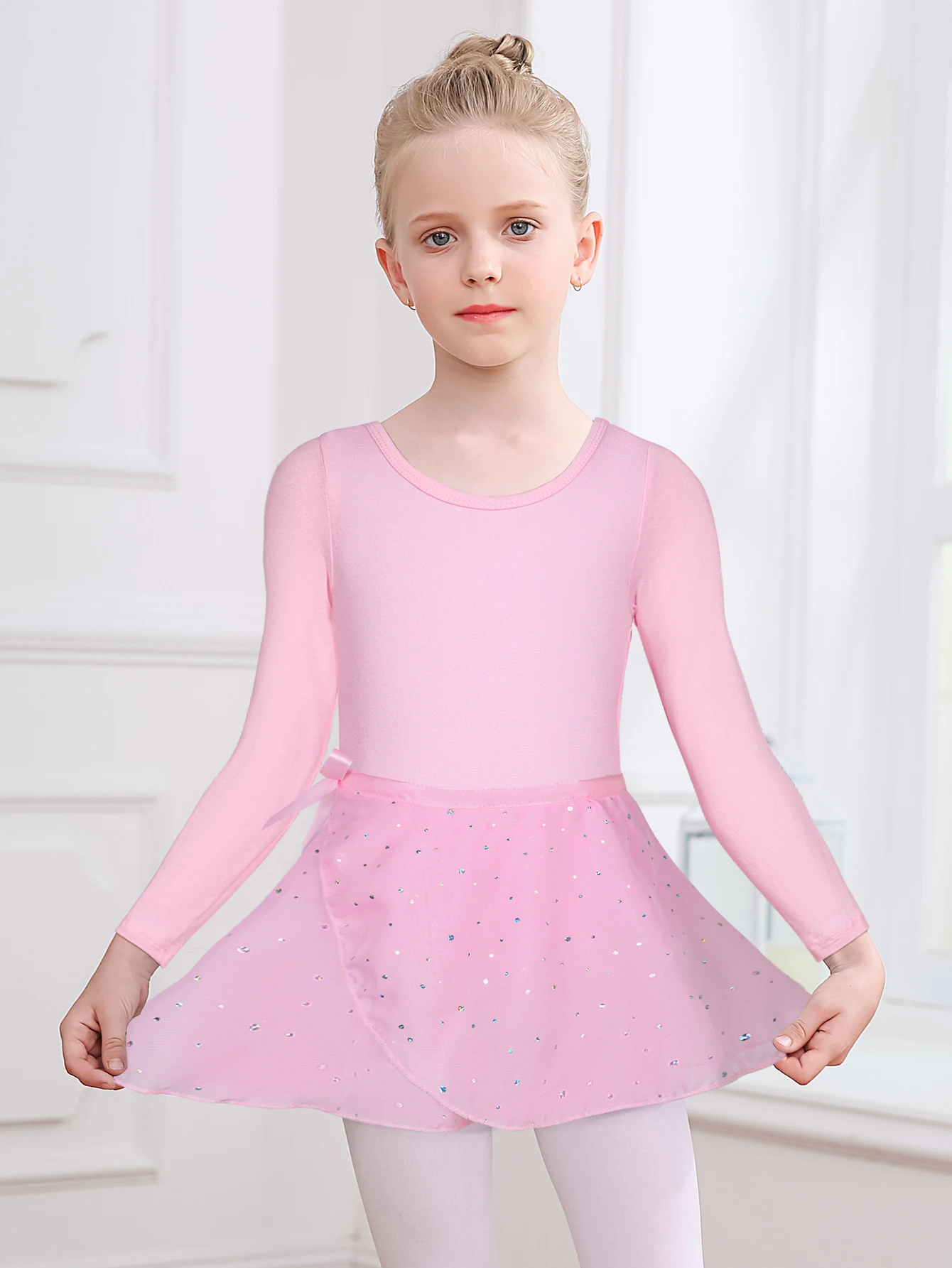 Justaucorps de Ballet à manches longues pour filles, robe Tutu de danse pour enfants, dos en cœur, vêtements de danse de gymnastique avec jupe attachée, ensemble de Costume de scène
