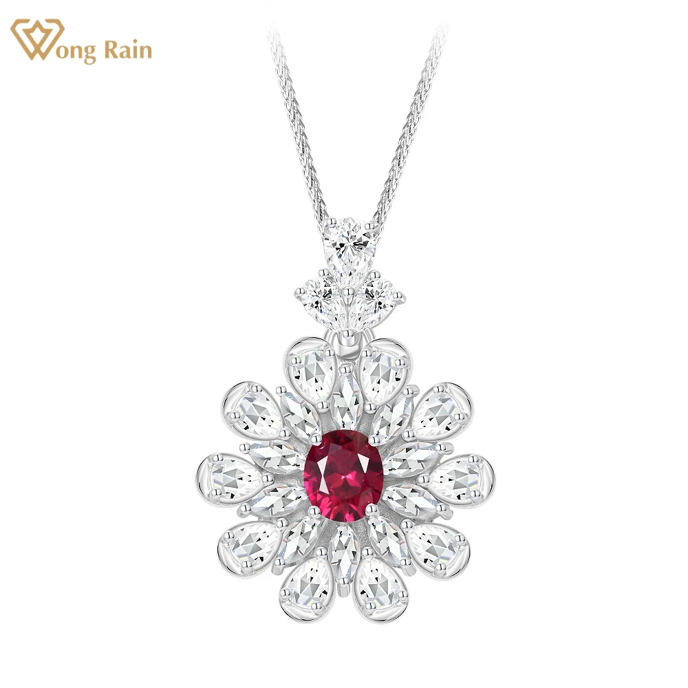 

Wong Rain 925 Sterling Silver 6*7MM Oval Cut Ruby Emerald High Carbon Diamond Gemstone Flower Pendant Necklace Fine Jewelry 60CM