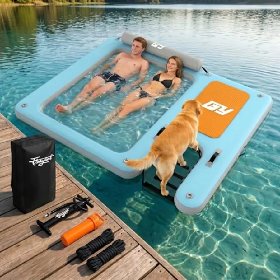 

Lake/pool tanning party floating platform: PVC inflatable dock with gray mesh hammock, 3-in-1 design, 700 lbs capacity, detacha