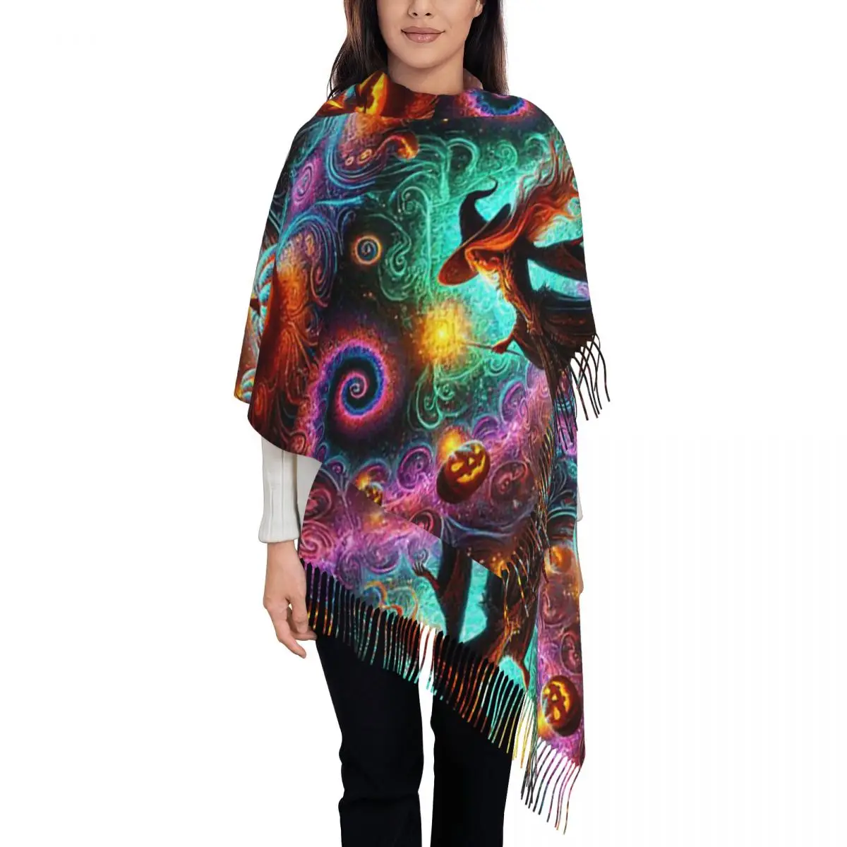 Halloween Witch's Cosmic Power Scarf Tassel Scarves for Women Soft Warm Shawls and Wraps Long Fall Winter Shawl Wrap