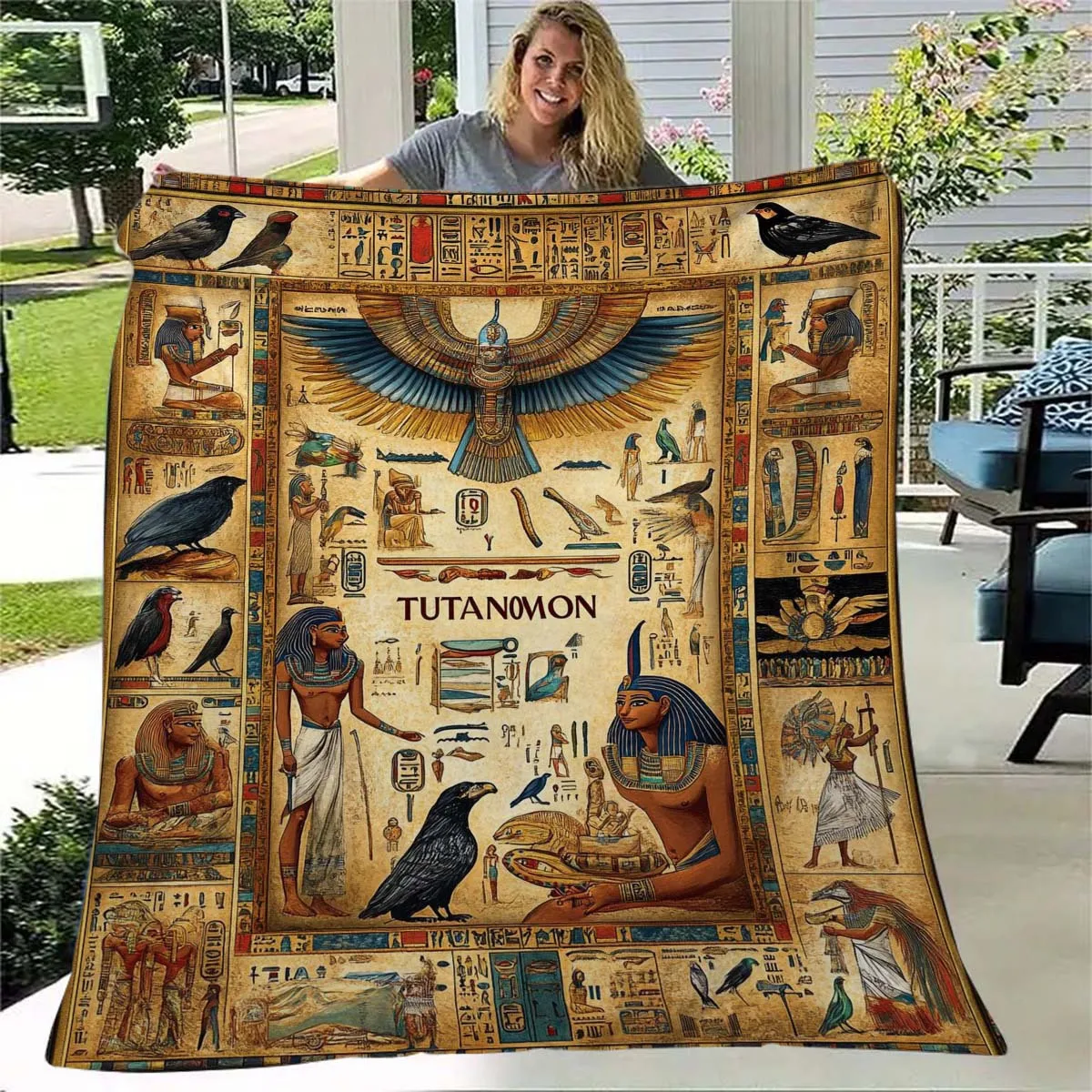 1pc Ancient Egyptian Print Flannel Blanket Soft, Cozy All-Season Throw with Vibrant Hieroglyphic Designs