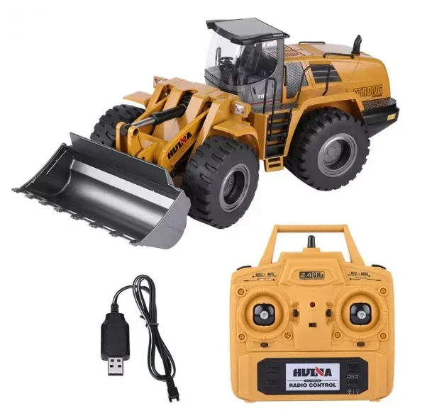 Efek pengendali jarak jauh mobil isi ulang skala 1/14 22 saluran 2.4GHz Huina 1583 V4 Besar RC bulldoser roda Loader