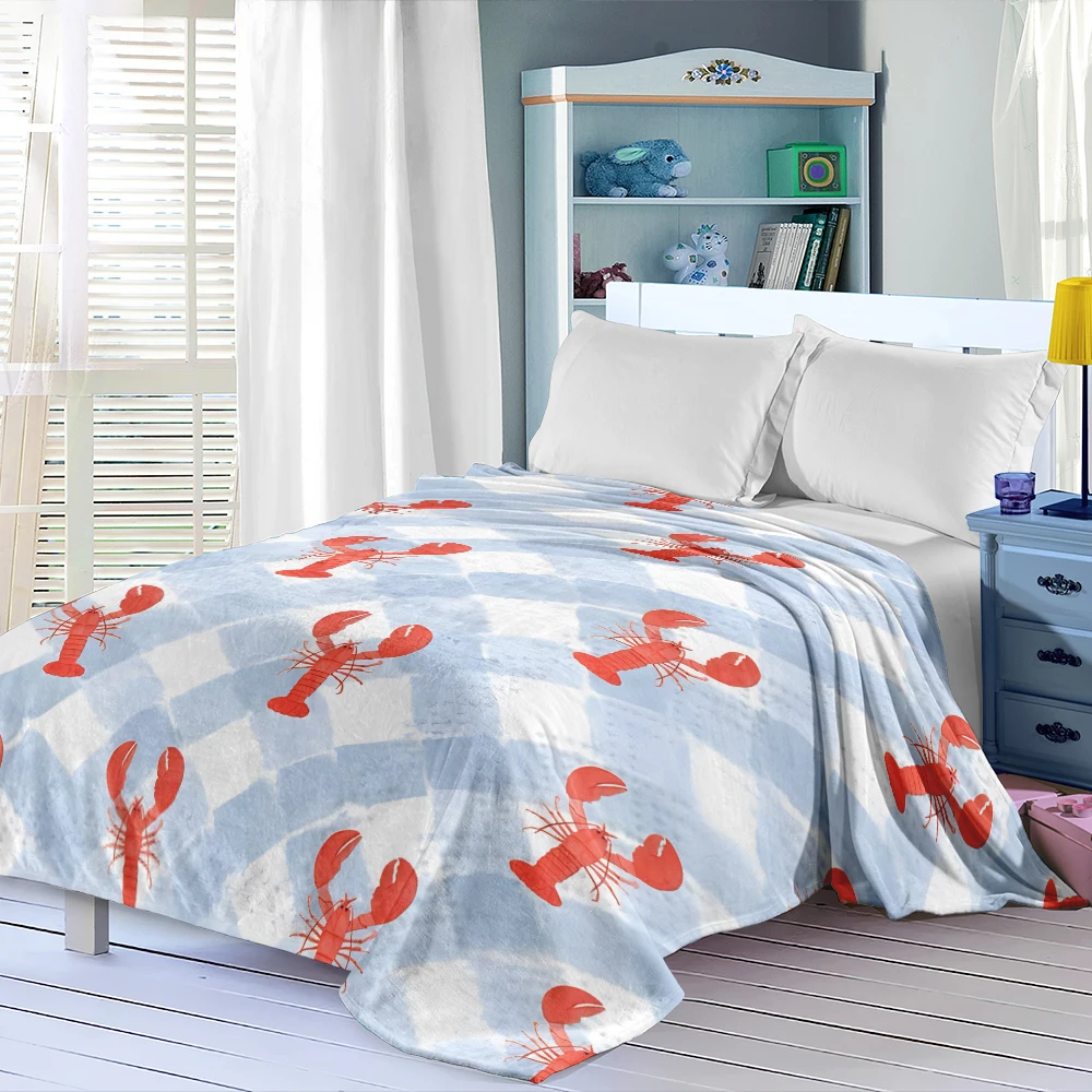 Blue Checker Red Lobsters Flannel Blanket Cartoon Printed Throw Blanket for Kids Adults Soft Plush Bed Sofa Cover Gift