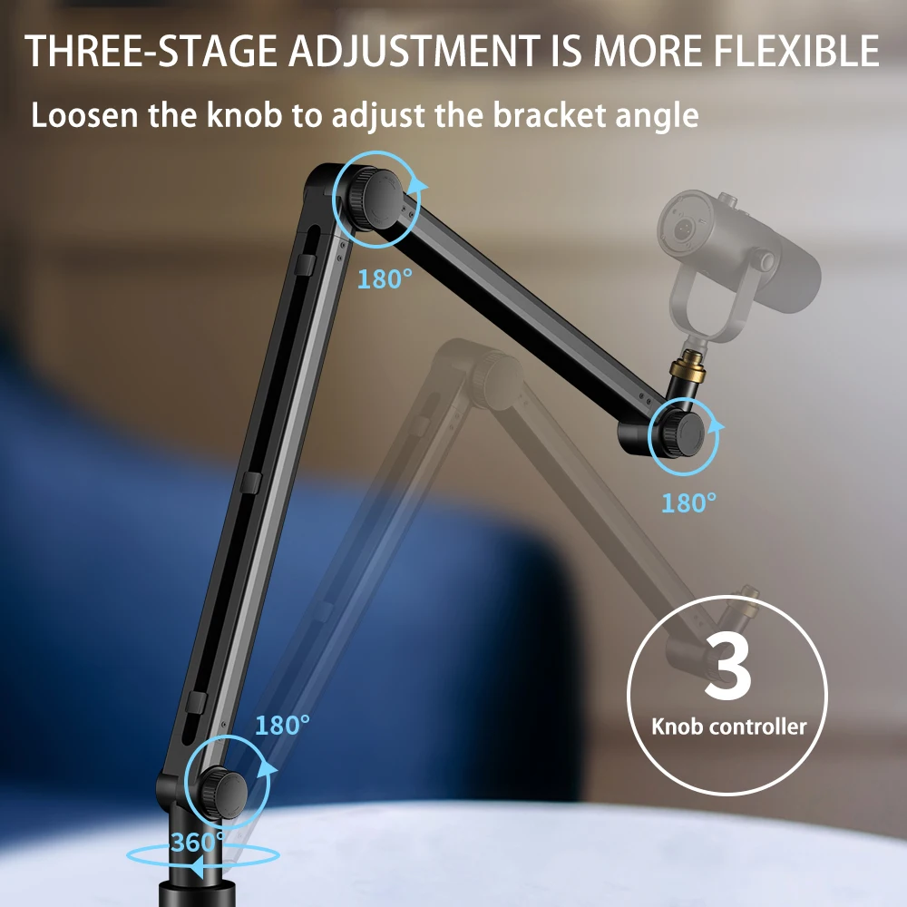 

360° Rotating Microphone Boom Arm - Aluminum Alloy Desk Mount with 3 Knob Controller, Folding Scissor Design for Studio & Live B