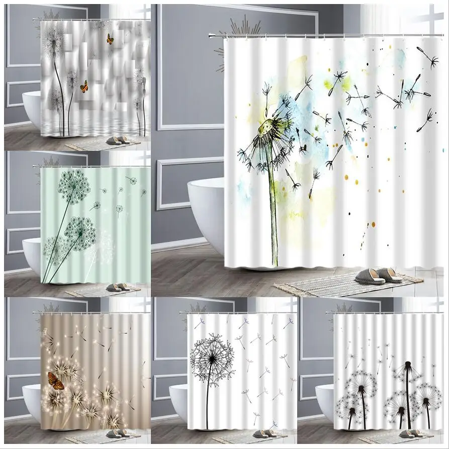 Dandelion Floral Shower Curtain Butterfly Watercolor Natural Minimalist Bathroom Decor Black White Polyester