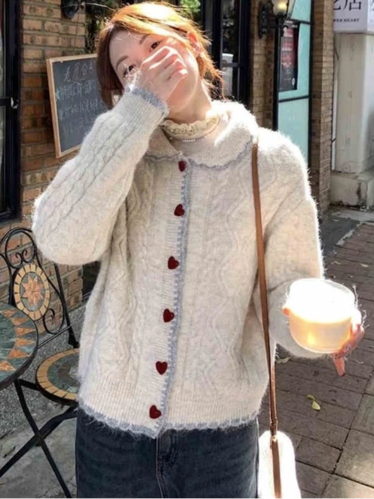 

Korean Fashion Sweet Cardigan Peter Pan Collar Heart Button Design All Match Sweaters Autumn Winter Knit Tops Women's Clothing