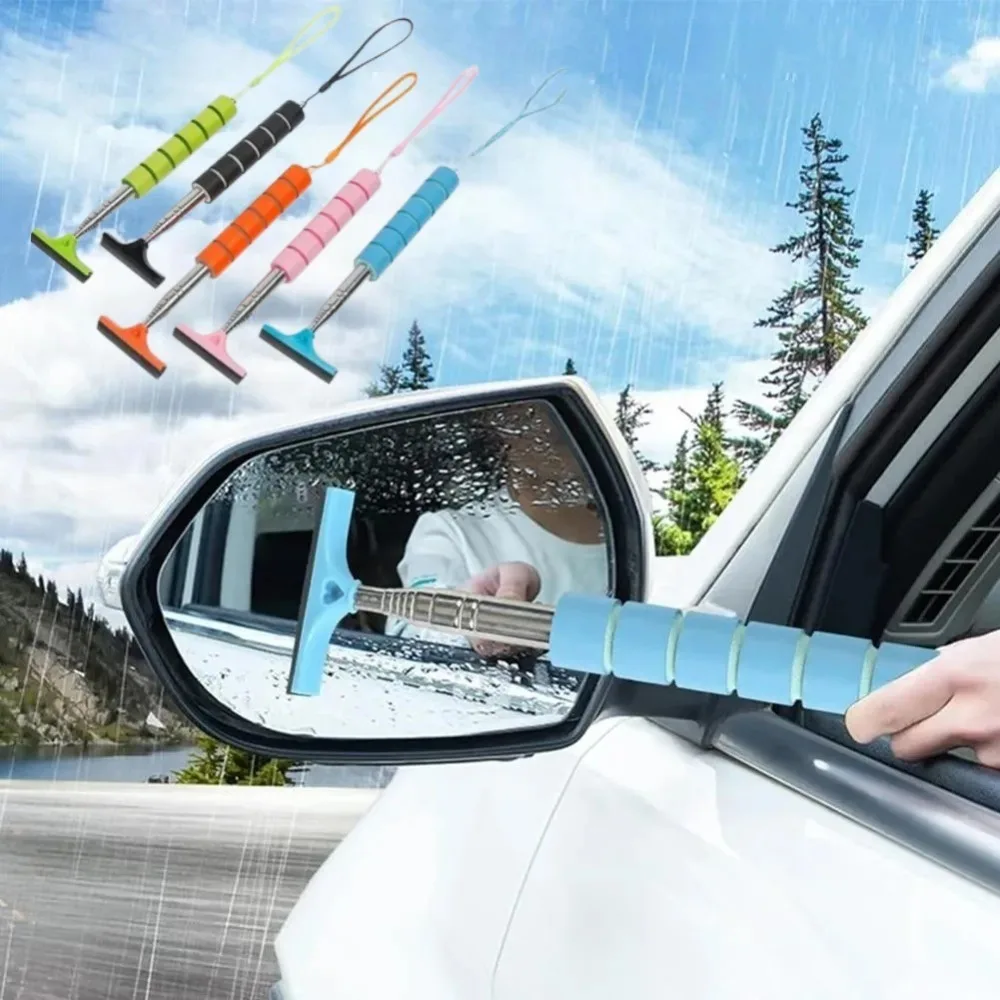 Portable Car Rearview Mirror Wiper Stainless Steel Telescopic Wiper Long Handle Layered Brush Window Glass Defogger Auto Parts