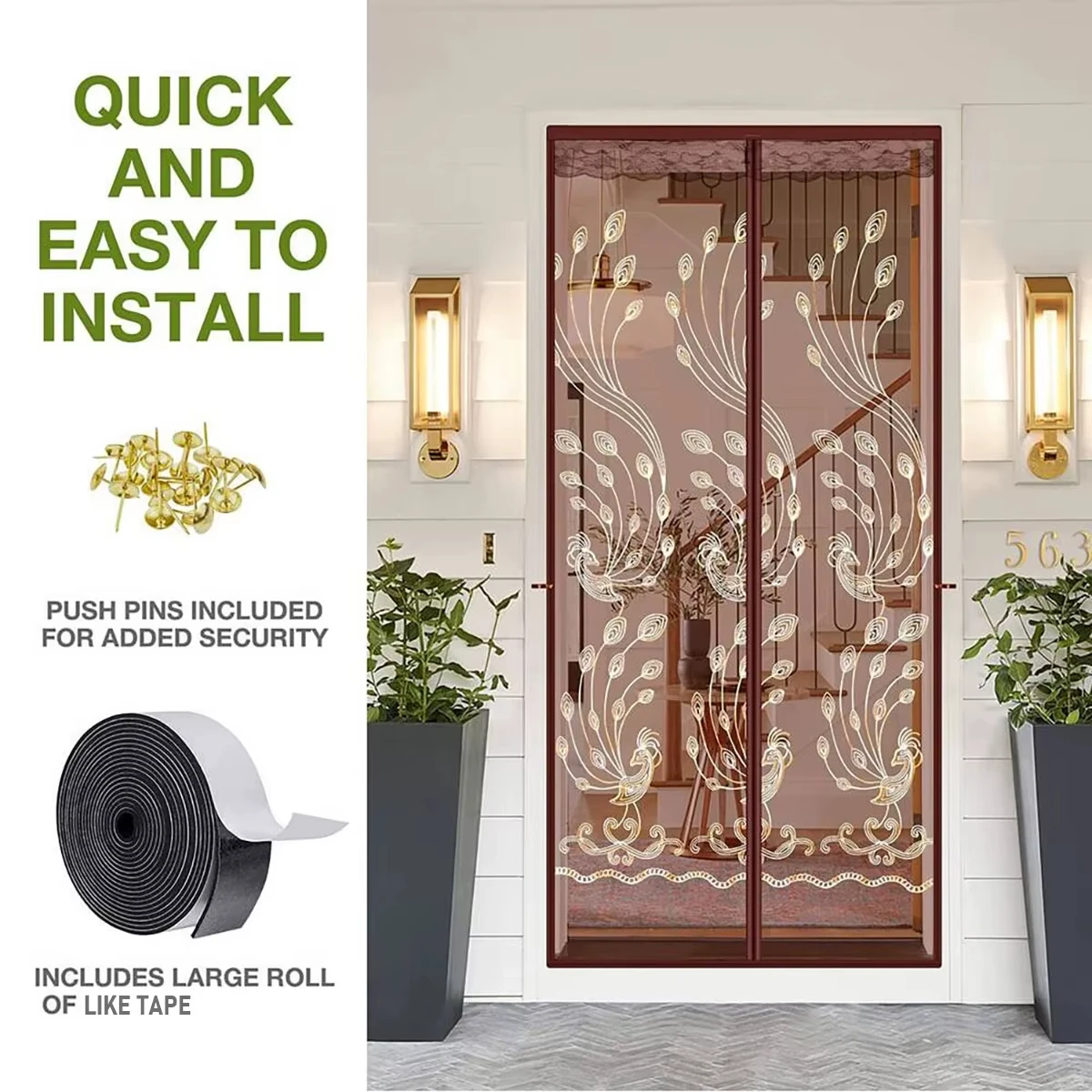Summer Coffee Color Peacock Embroidered Curtain Magnetic Closing Mosquito Thickened Screen No Drill Install Bedroom Living Room