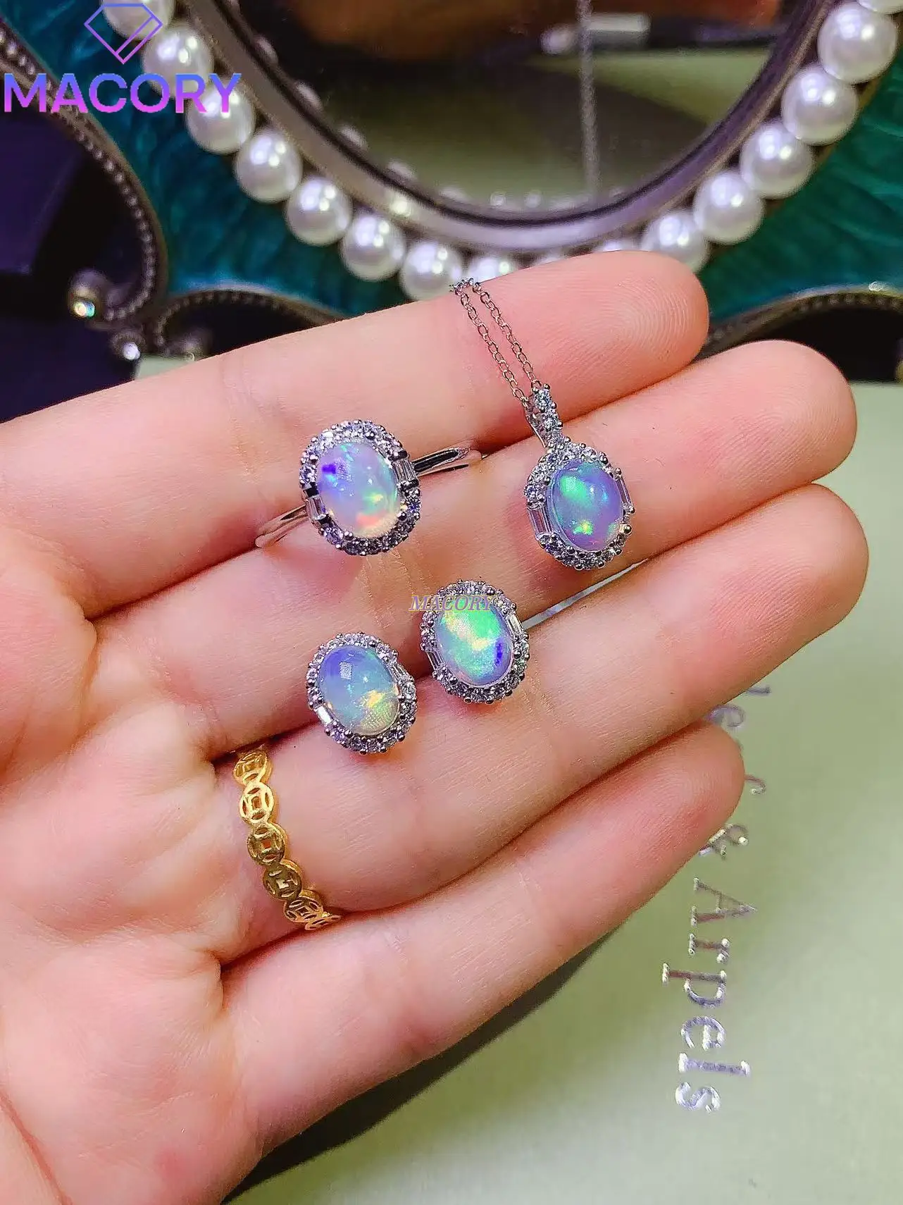 

Natural Opal Set Ring Stud Earrings Necklace Trio Set 925 Sterling Silver Women's Fine Jewelry with Certificate