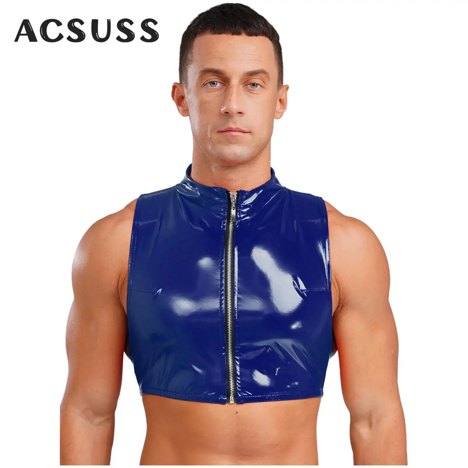 

Men Wet Look Patent Leather Crop Tops Vest Sleeveless Zipper Tanks Top Camisole Nightclub Rave Party Dancing Clubwear Streetwear