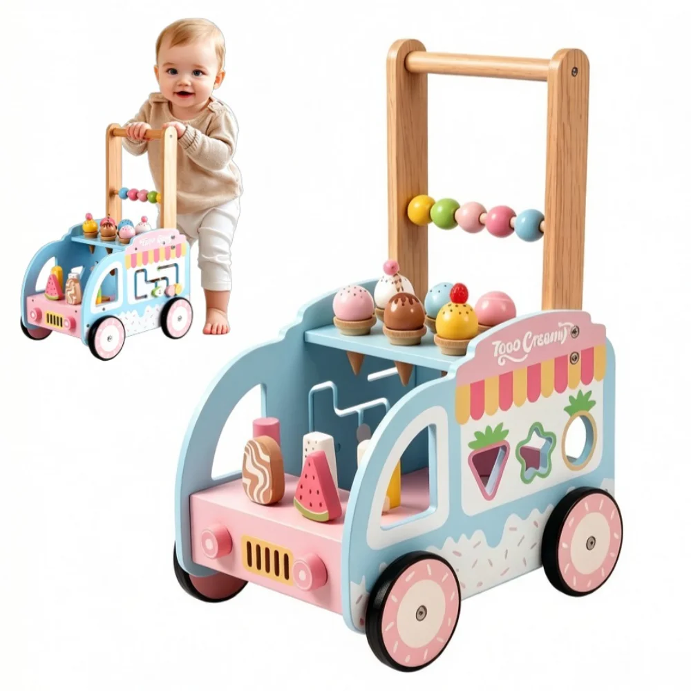 1Pc Solid Wood Ice Cream Walker Cart, multi-functional toddler learning push toy, stable anti-slip, interactive gift for babies