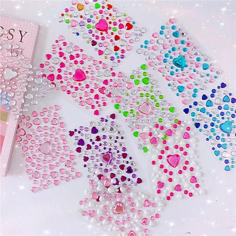 Mixed Size 3D Heart Love Gem Stickers For Kids Diamond Acrylic Crystal Sticker DIY Three-dimensional Rhinestone For Girls