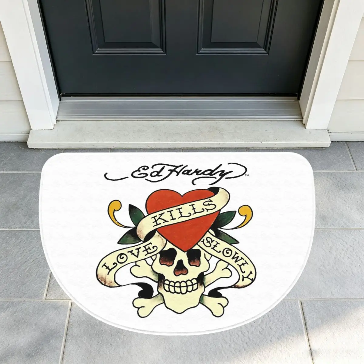 Ed Hardy Love Kills Slowly Soft Flannel Half Round Doormat Non Slip Bathroom Mat Absorbent Floor Carpet for Living Room